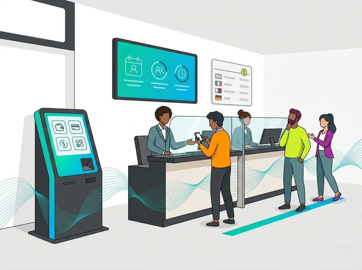Modern bank branch interior with digital queue display