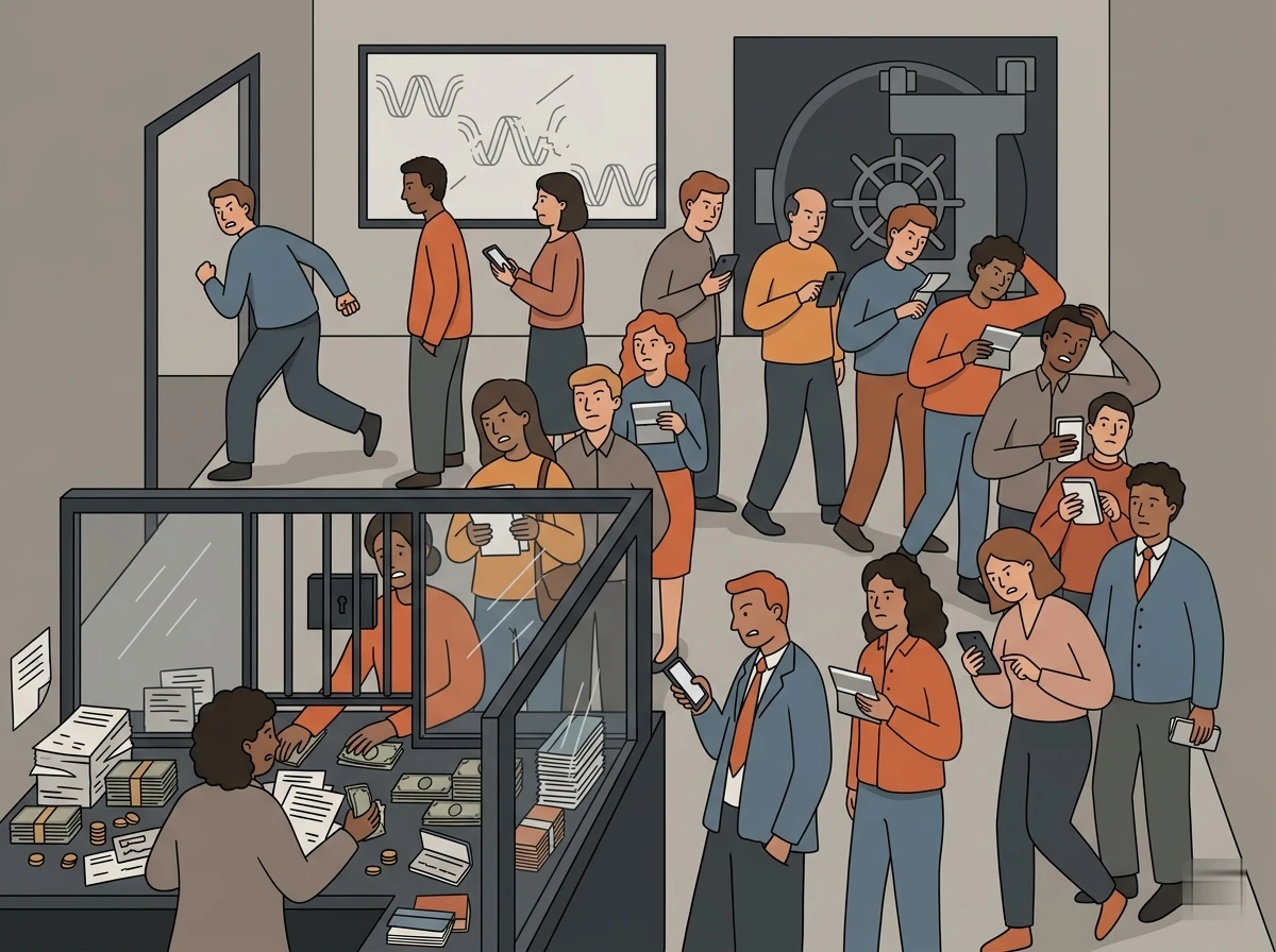 Crowded bank branch lobby with broken ticket system