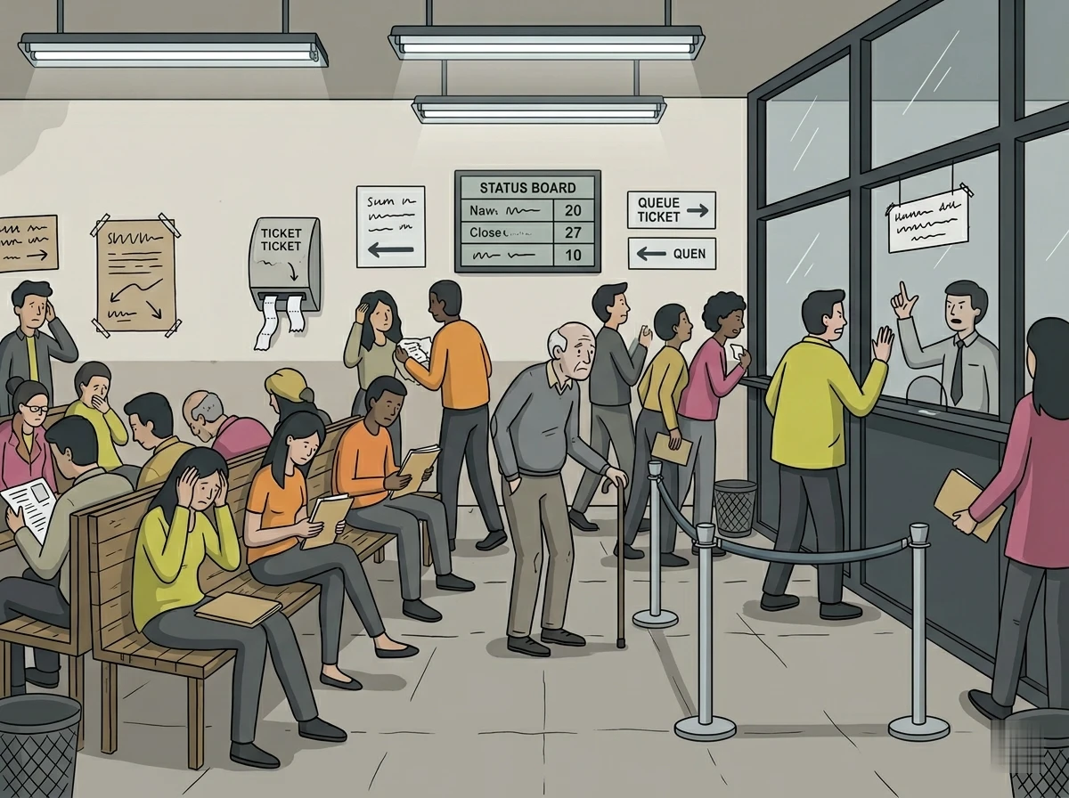 Crowded government ministry hall with no queue system