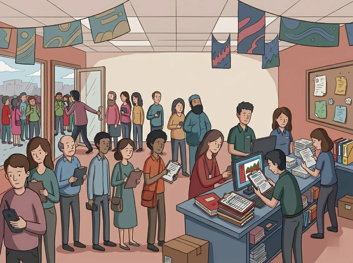 Packed telecom store with no queue system