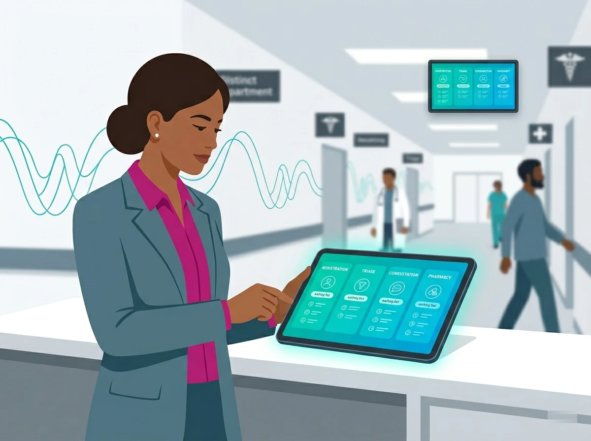Nurse at station viewing staff dashboard with patient queue