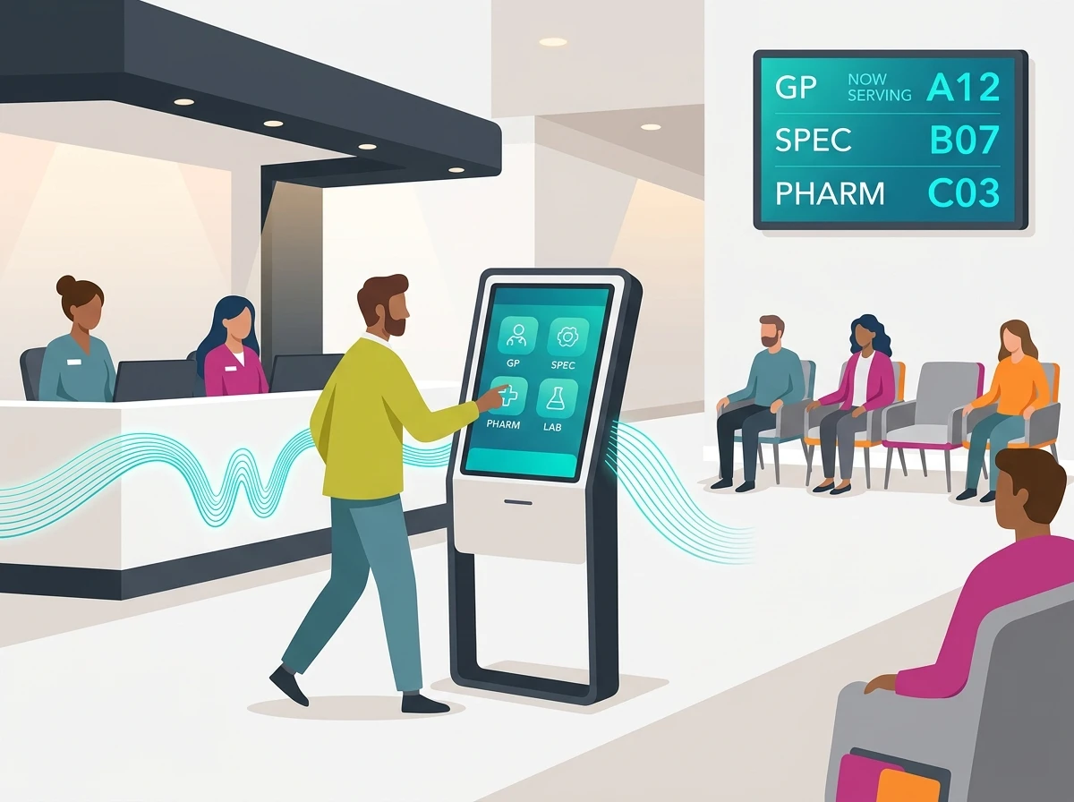 Patient using self-check-in kiosk at clinic entrance