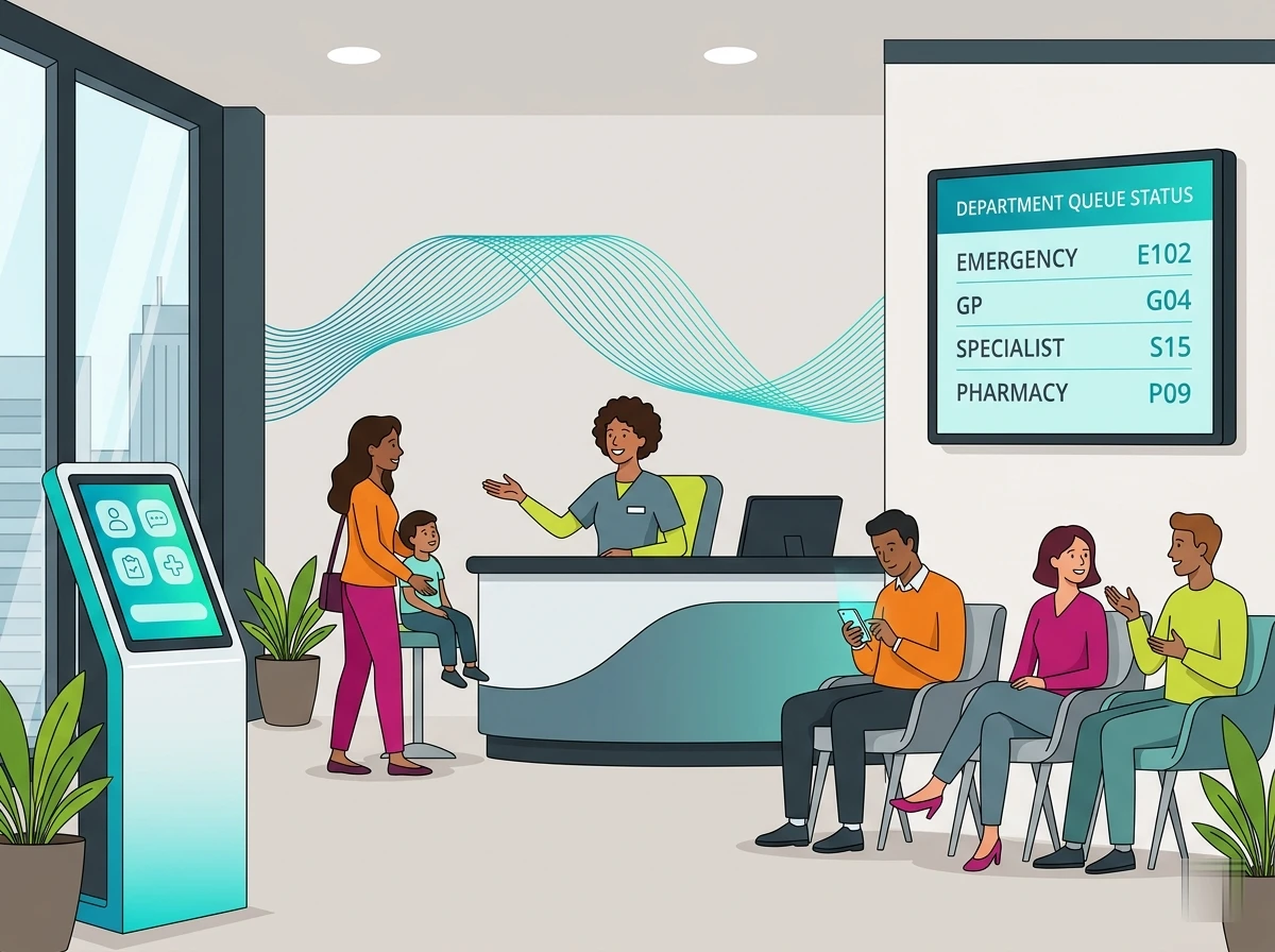 Modern clinic reception area with patient queue display