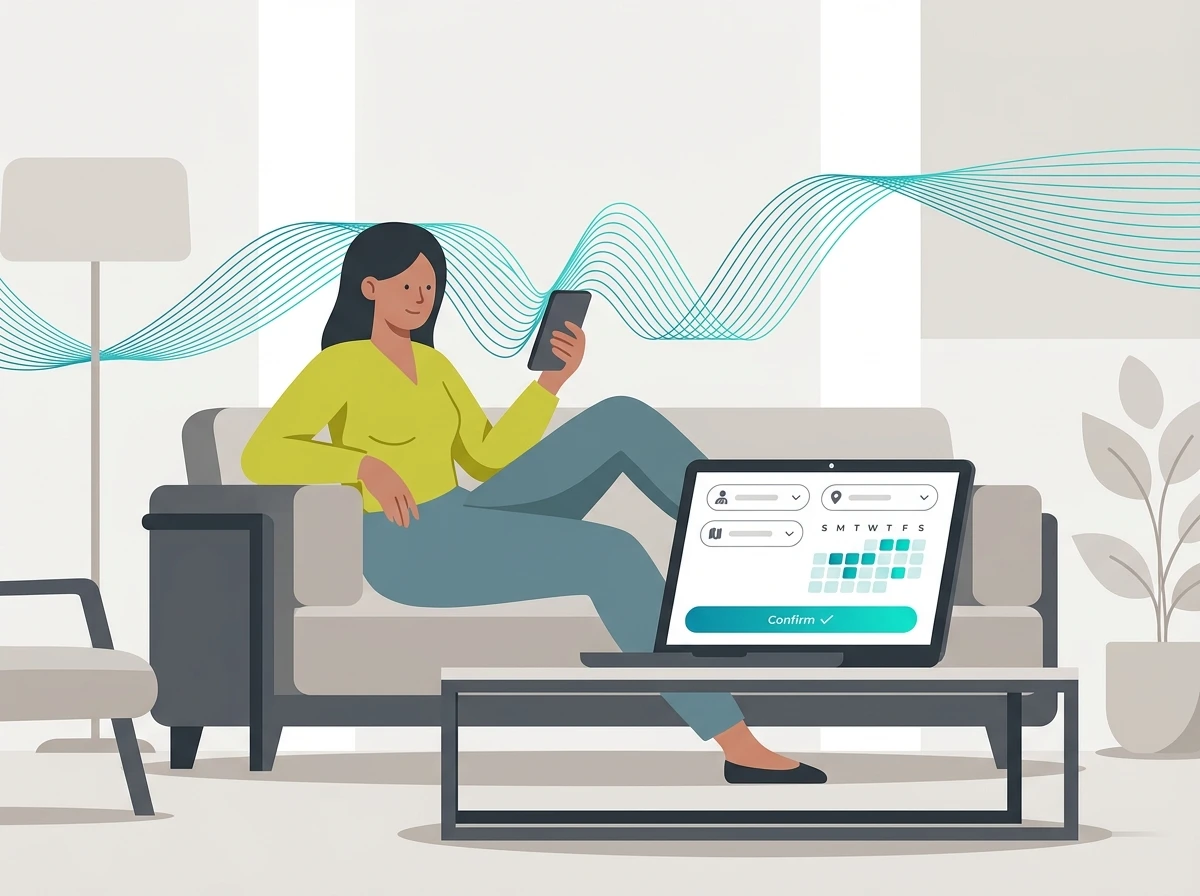 Person booking appointment from home on phone and laptop