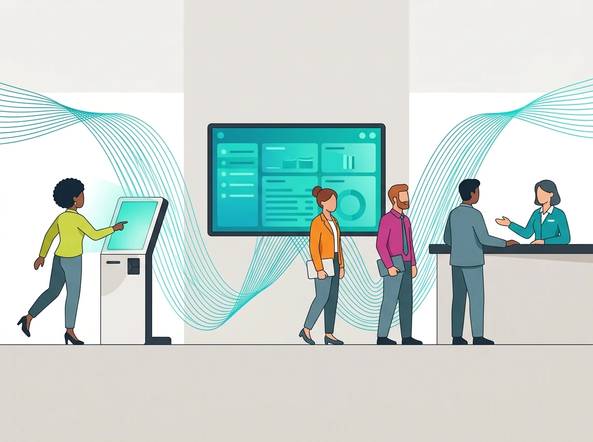 Service hall with organized queue flow and digital display