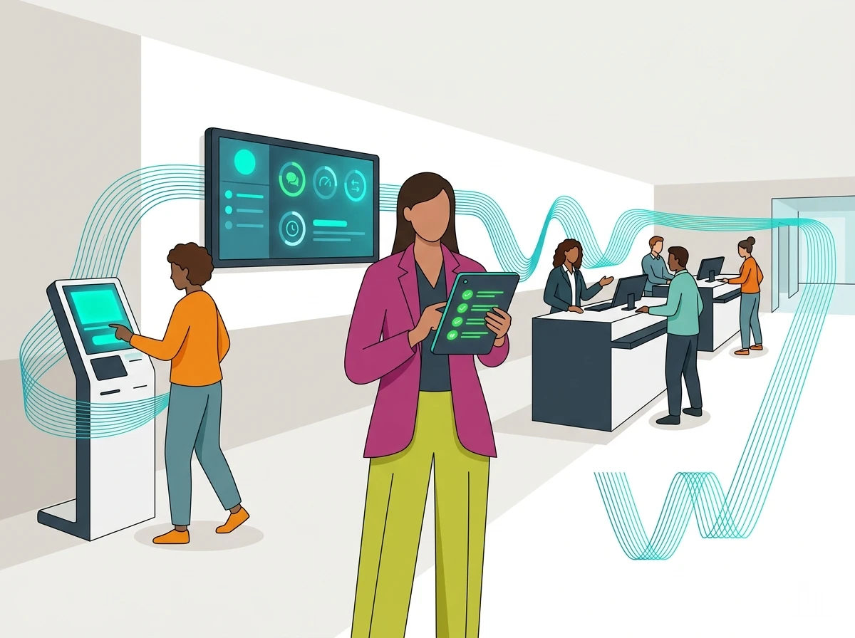Before and after: chaotic lobby vs organized queue system