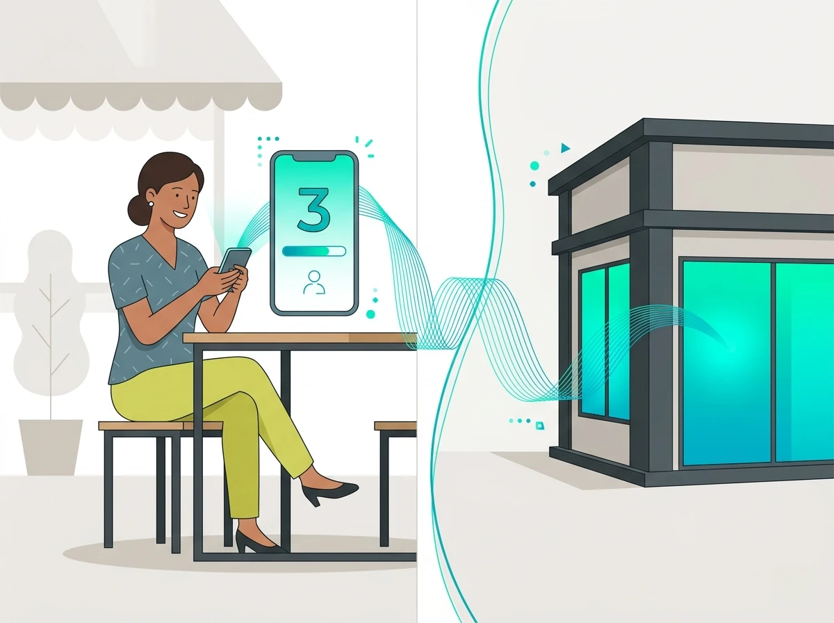 Person waiting remotely with virtual queue on phone