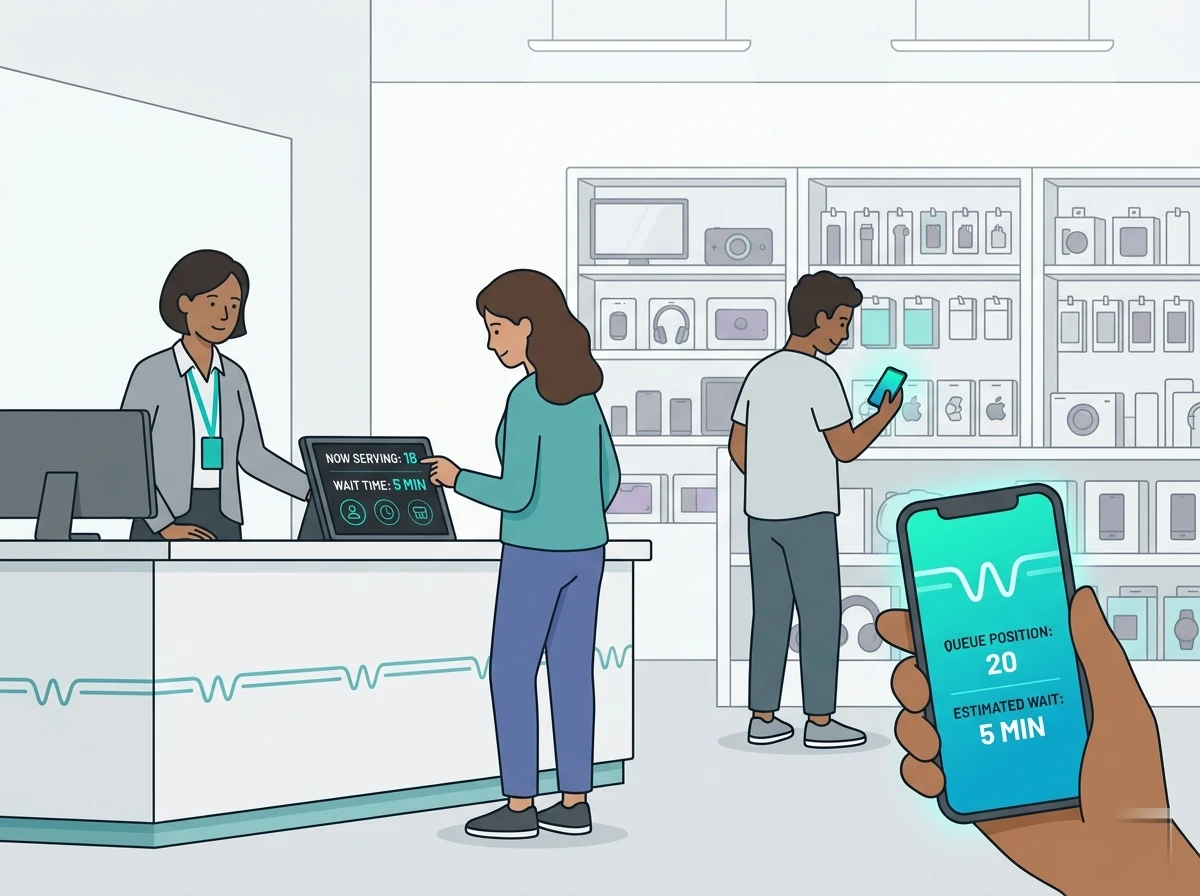 Large retail store interior with digital queue kiosk