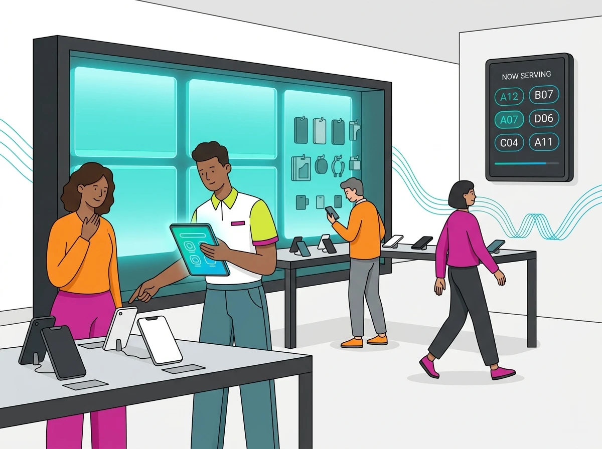 Bright telecom retail store with digital queue display