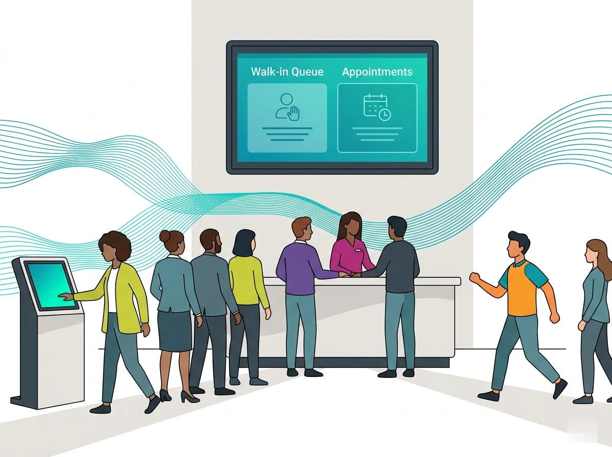 Walk-in and appointment queues merging at service counter