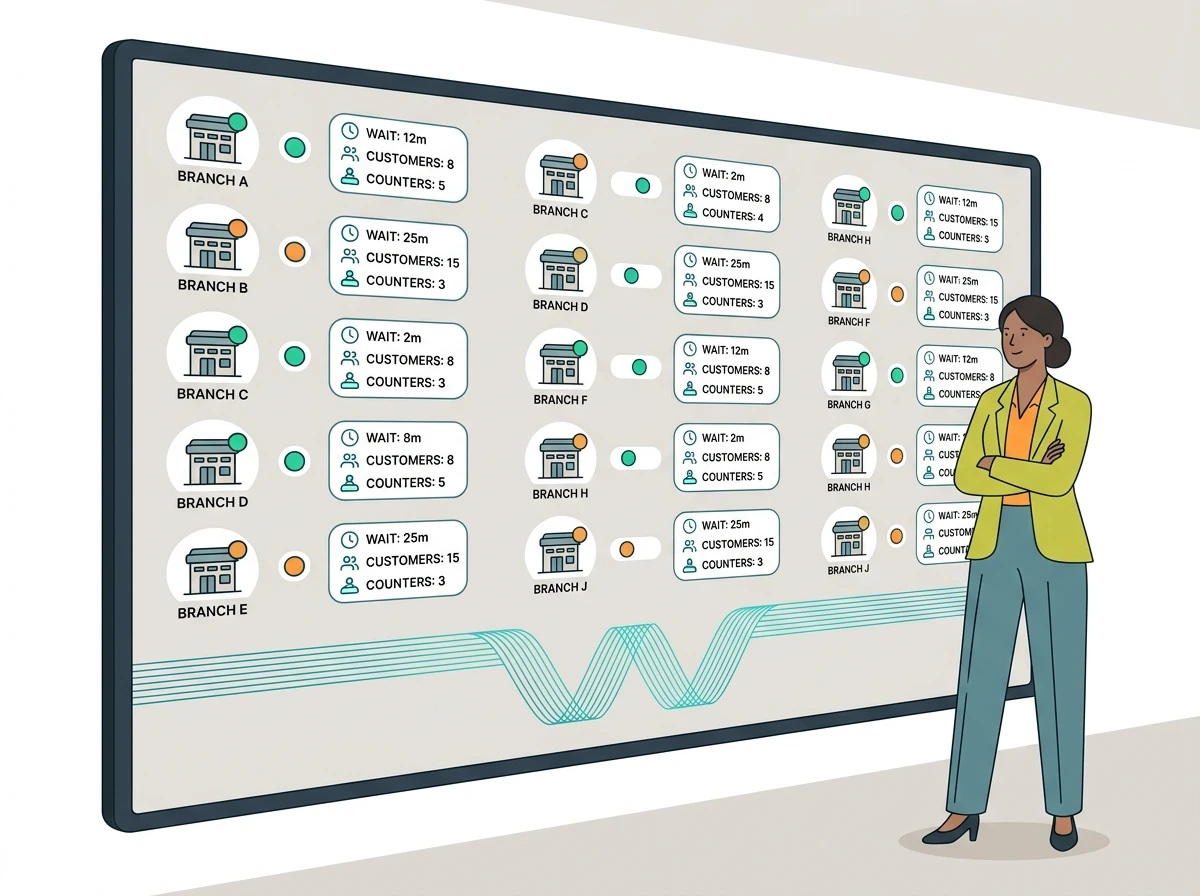 Wall-mounted dashboard showing multi-branch monitoring overview