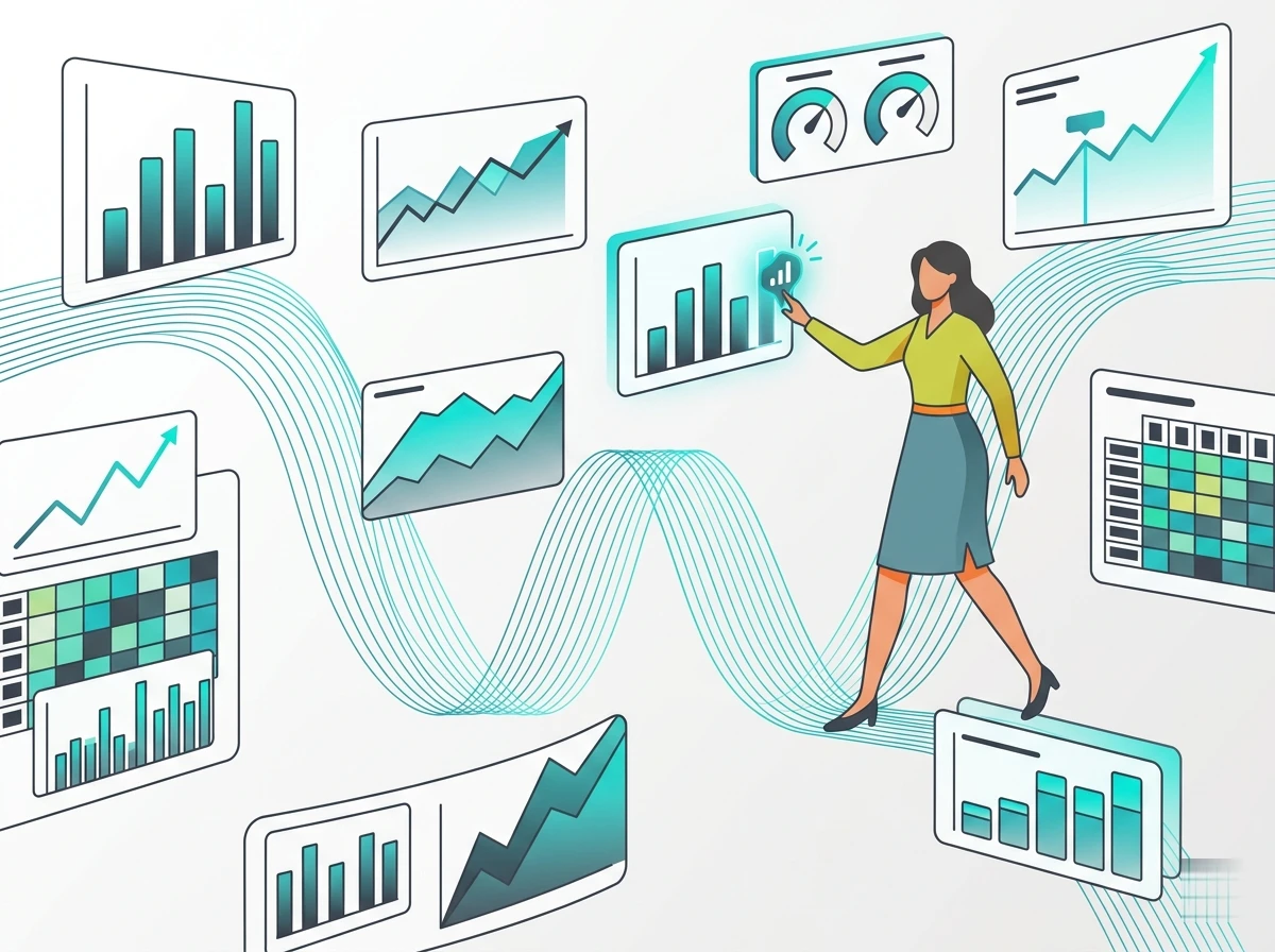 Abstract data visualization landscape with floating charts