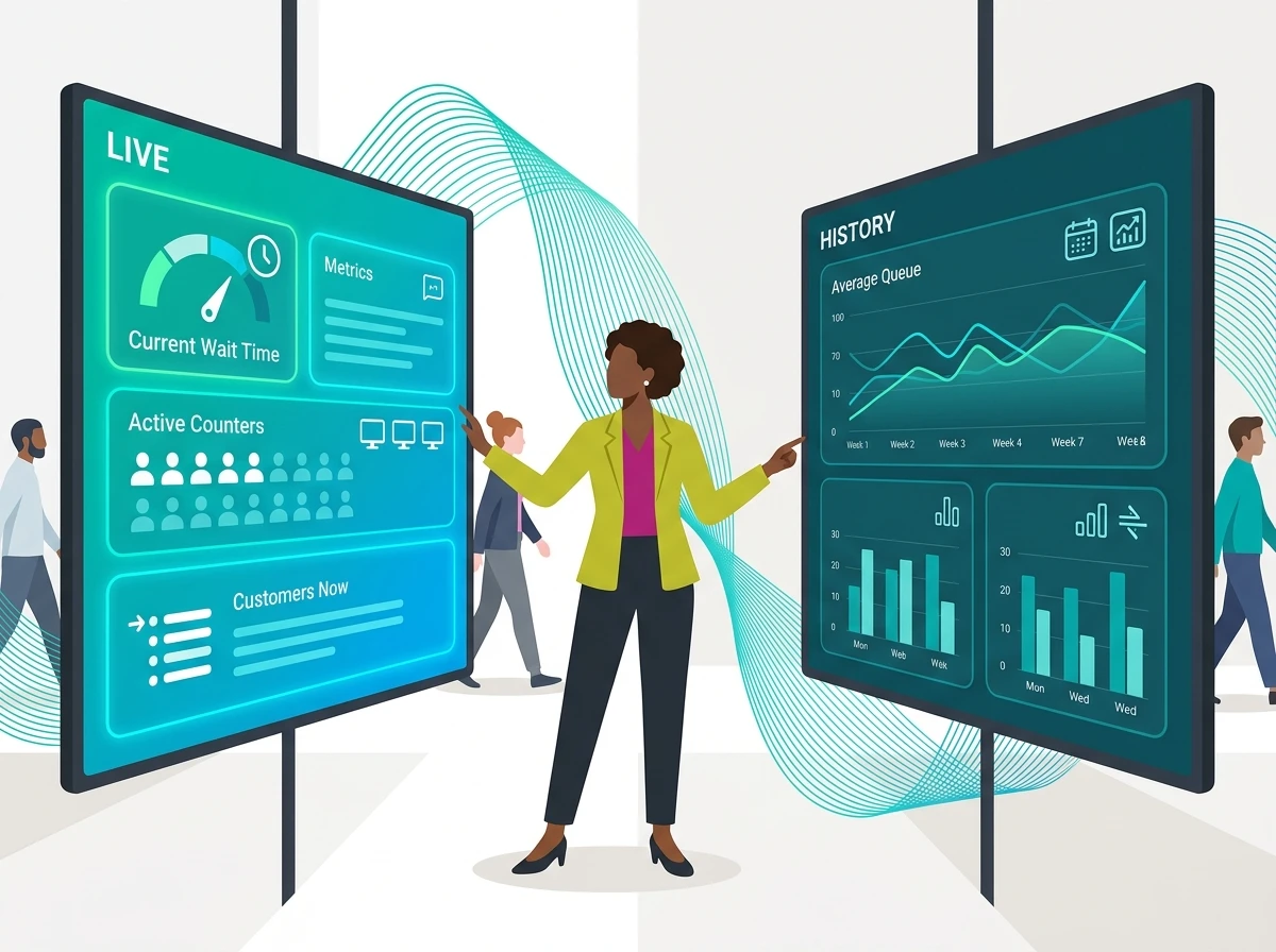 Split-screen showing live dashboard and historical analytics