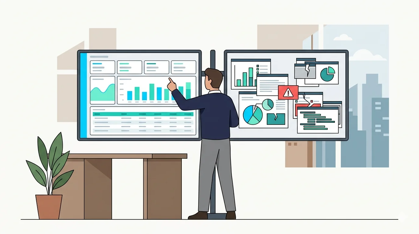 Illustration of a manager comparing two analytics platform options, selecting the one with a clean organized dashboard
