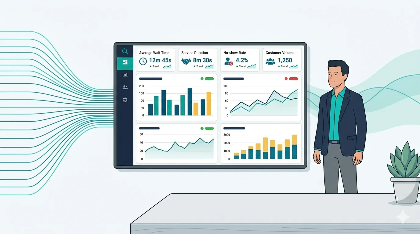 Illustration showing automatic data flow from branch locations into a central analytics dashboard