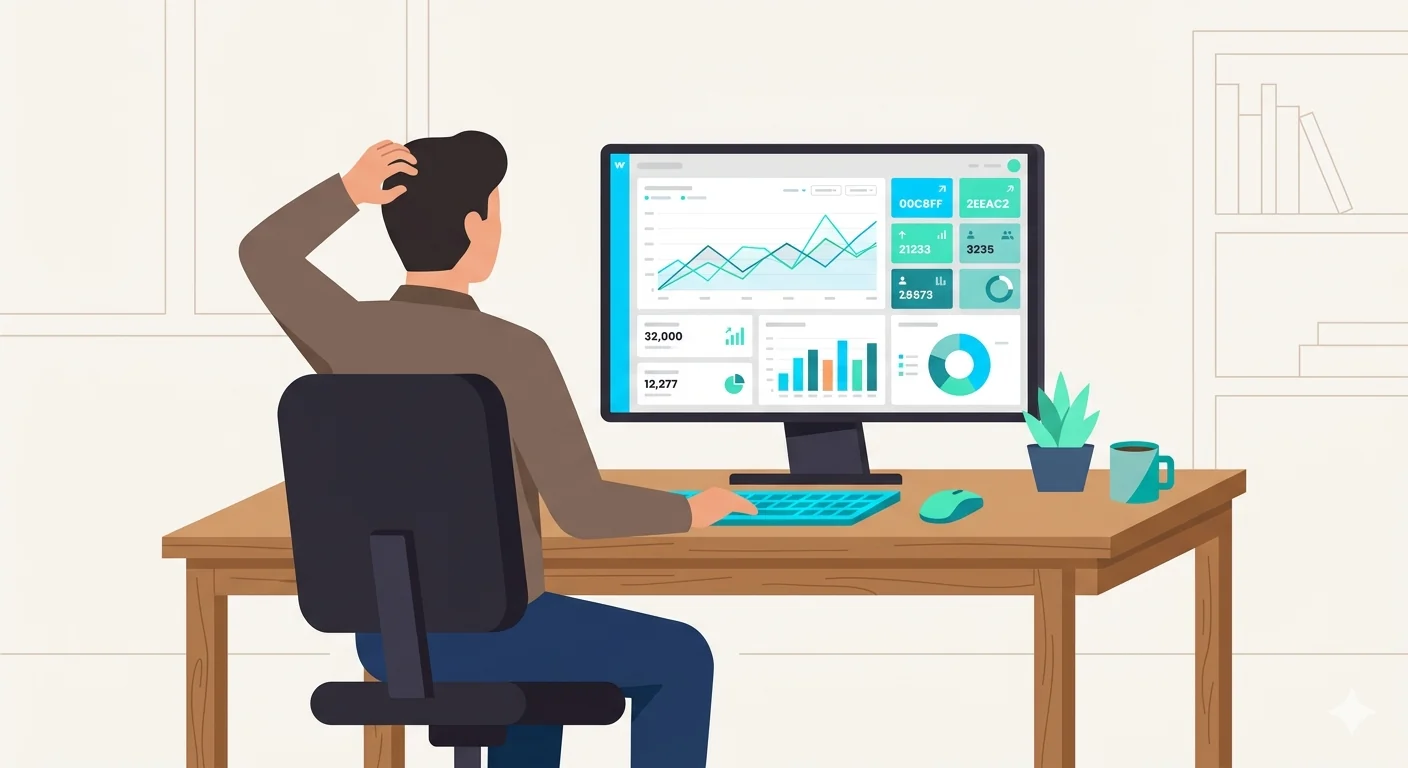Illustration of a branch manager sitting at his desk reviewing a 12-month analytics trend on his monitor