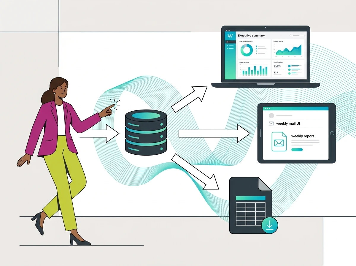 Three report formats: screen dashboard, email, and export