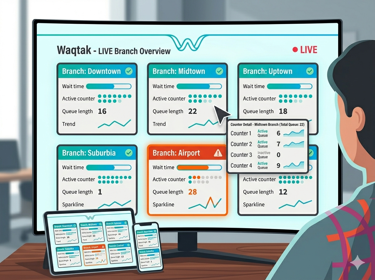 Large screen showing real-time branch monitoring grid