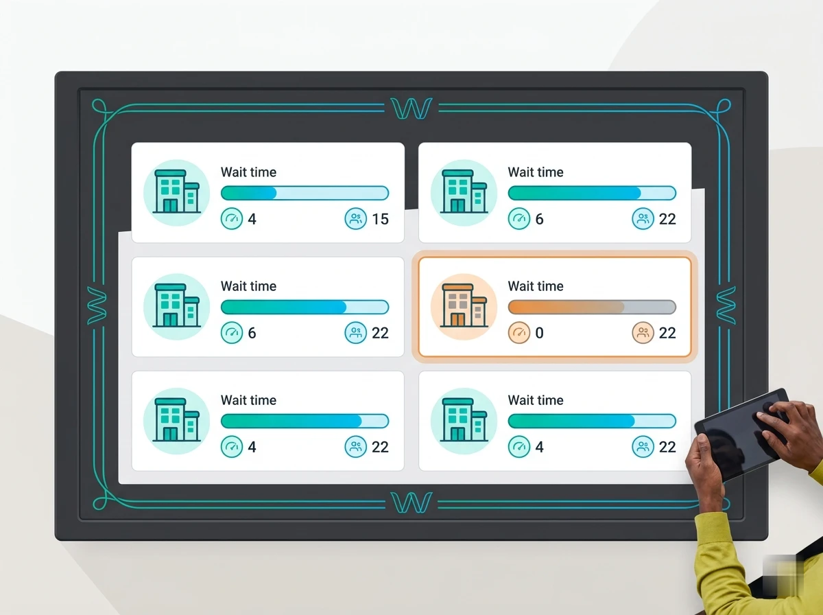 Large screen showing real-time branch monitoring grid