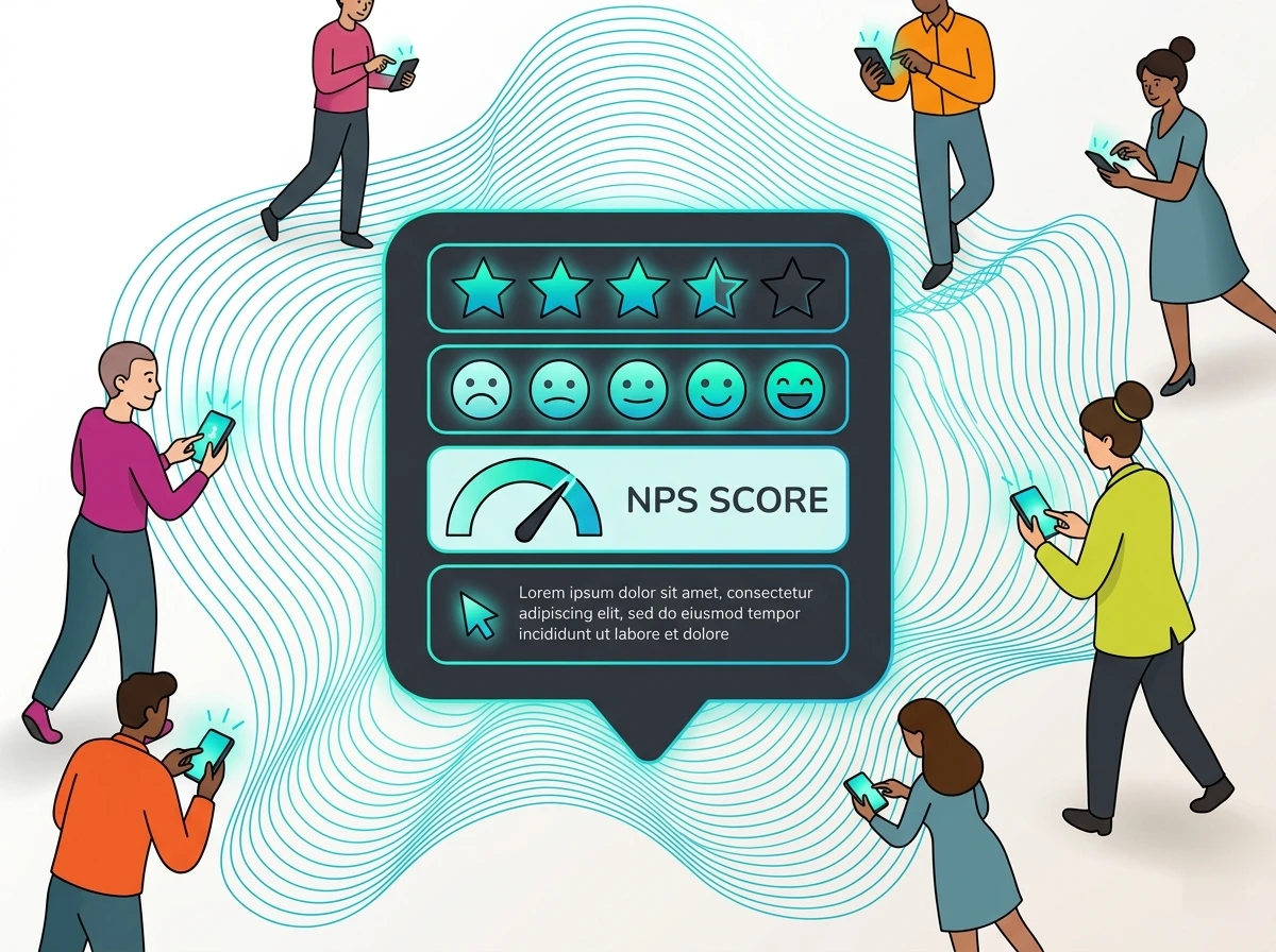 Large speech bubble filled with feedback elements and ratings