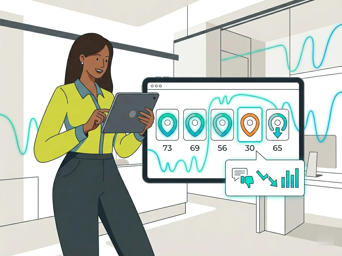 Multi-branch satisfaction overview on tablet with NPS scores