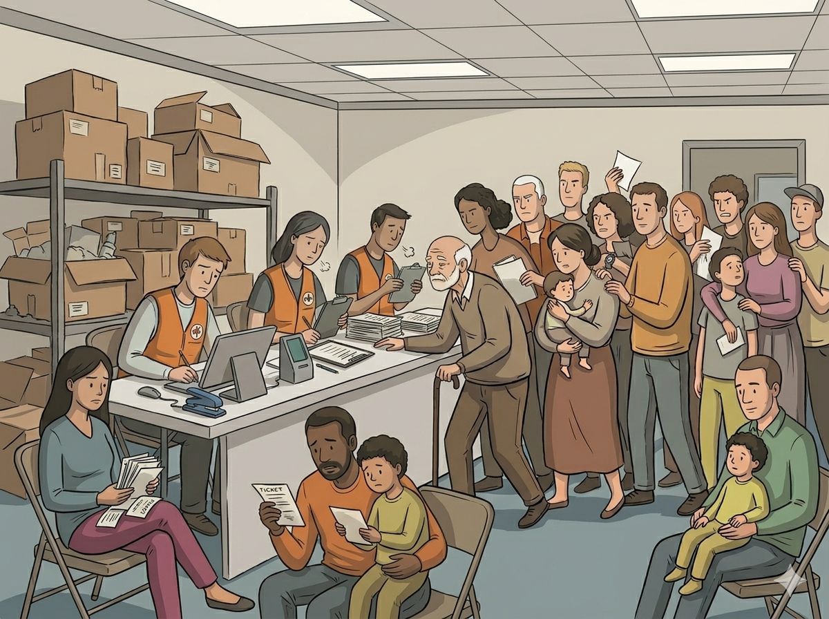 busy waiting room with frustrated customers and employees