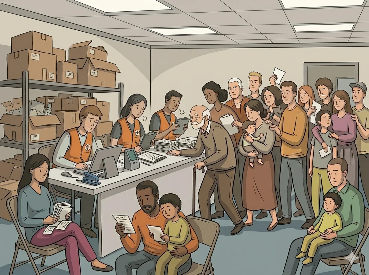 busy waiting room with frustrated customers and employees