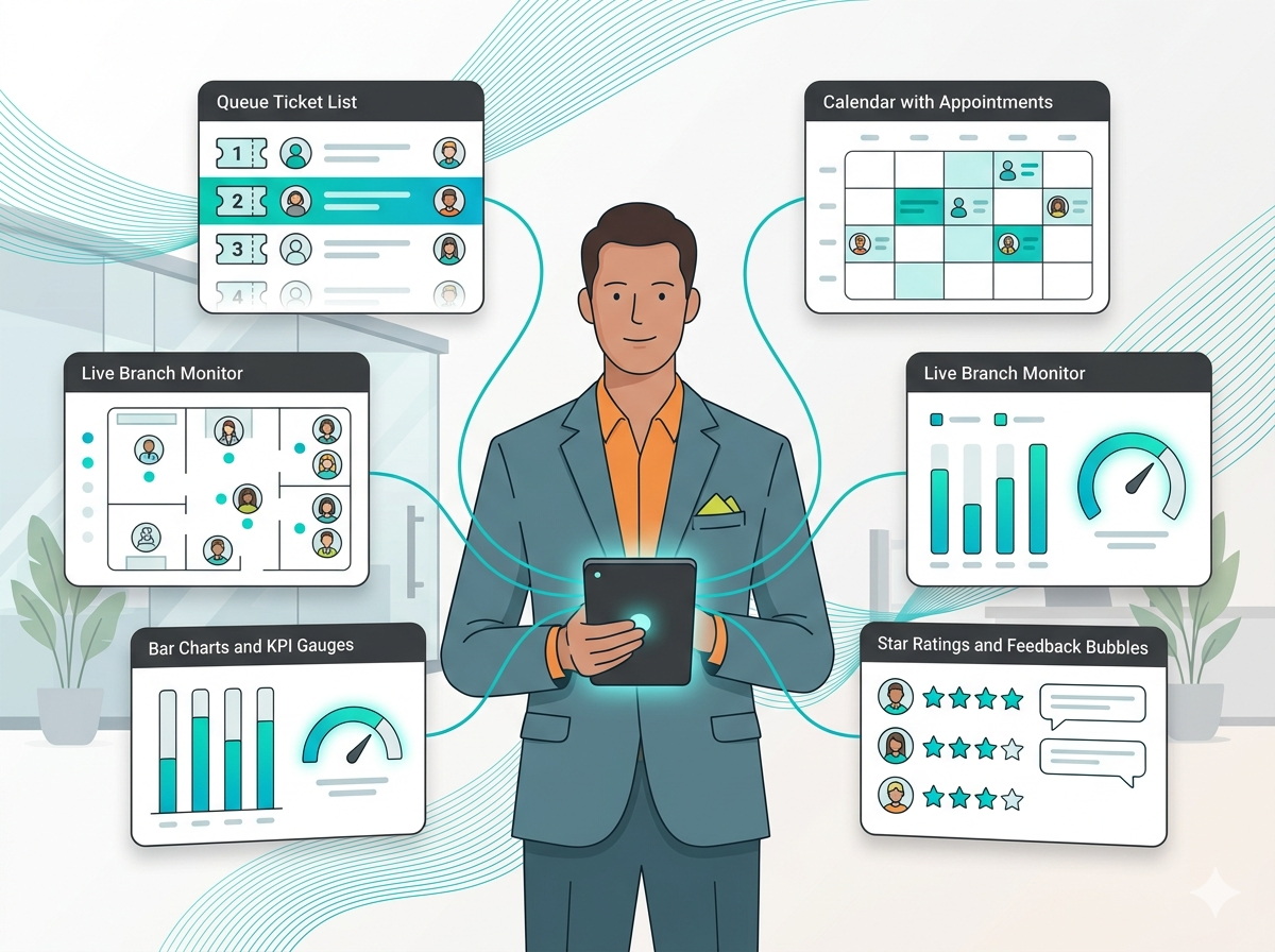 Man using phone to connect with multiple stats