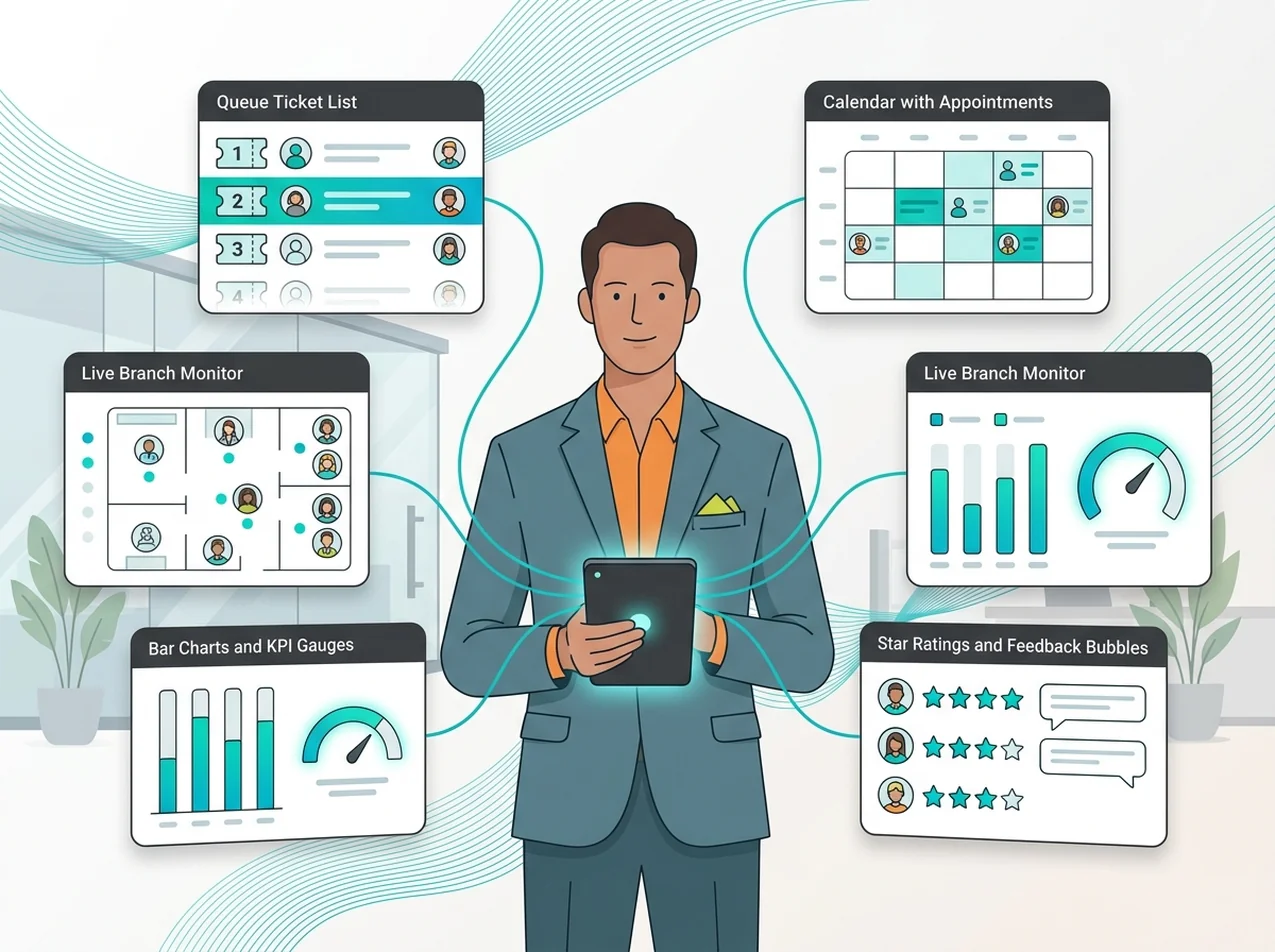 Queue management platform dashboard across multiple branch locations
