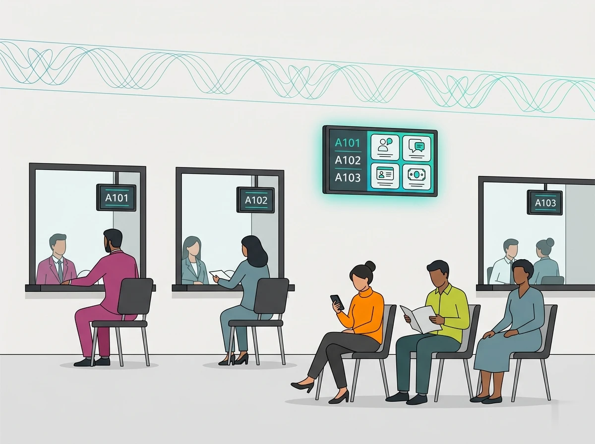 Modern government services hall with digital queue displays