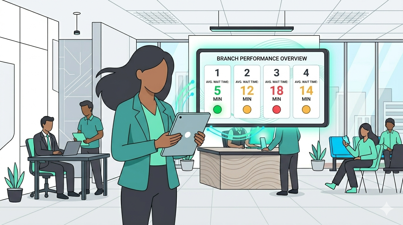 Branch comparison dashboard showing queue performance metrics side by side