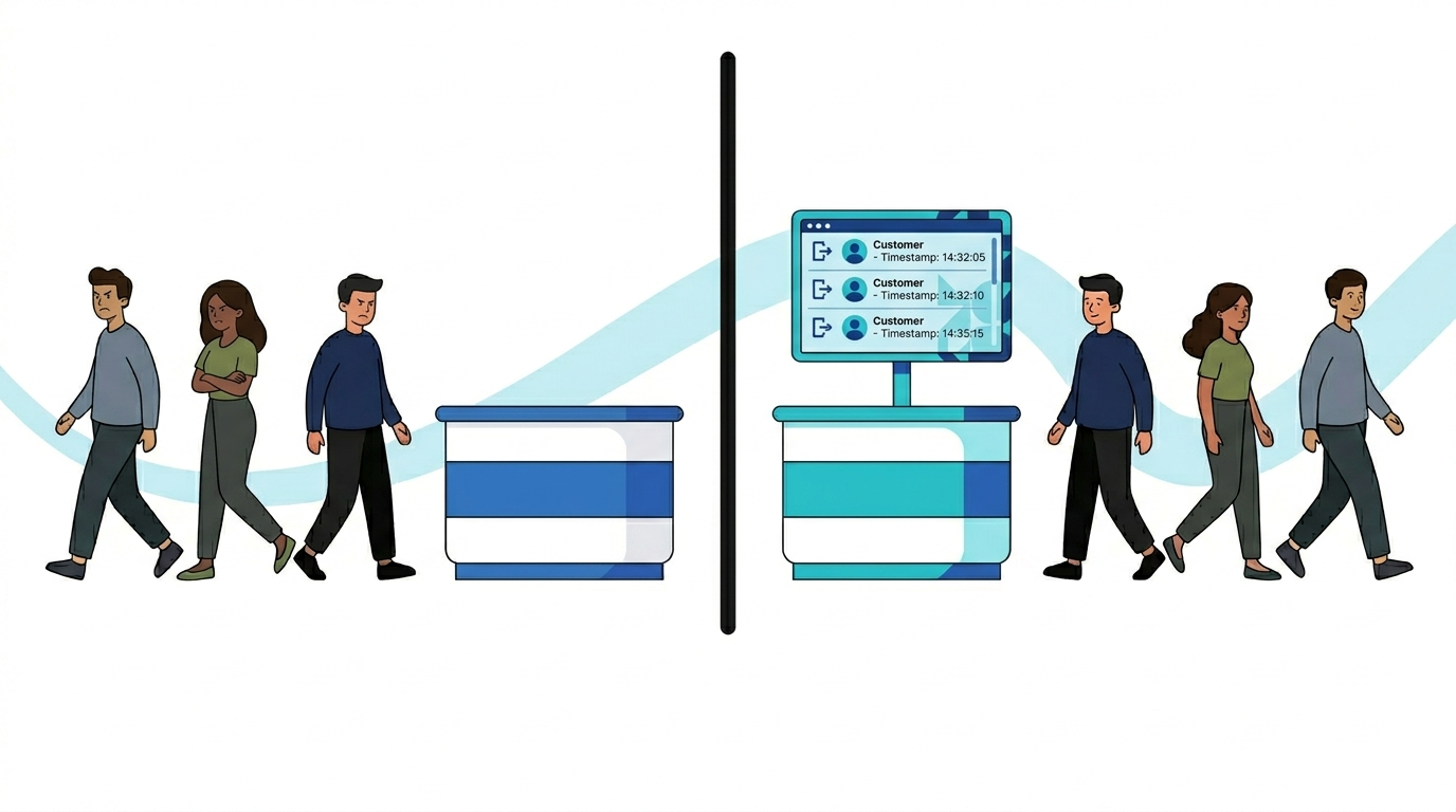 Queue management system tracking customer walk-outs with timestamps