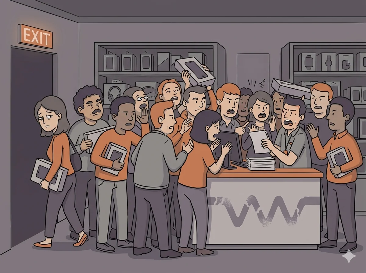 Disorganized retail store service counter with long line