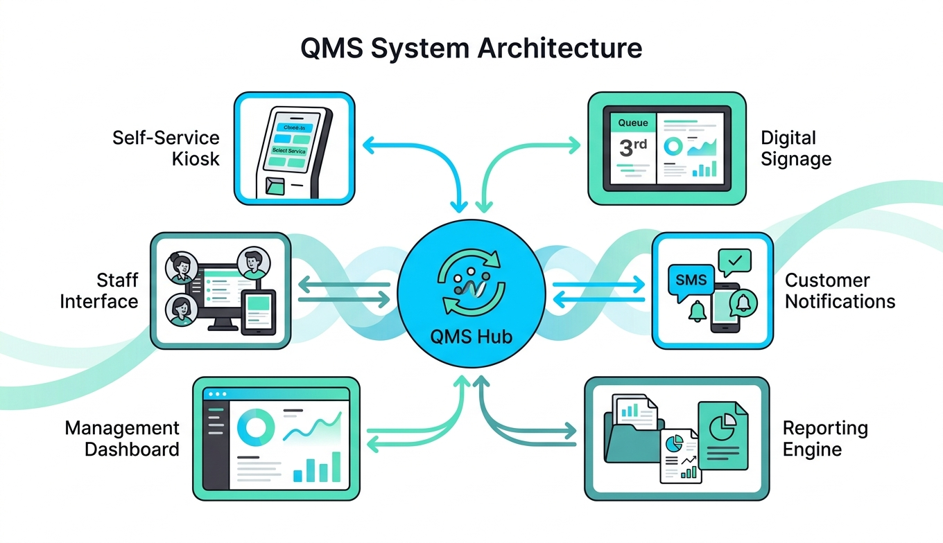 Architecture diagram showing the 6 components of a queue management system: self-service kiosk, digital signage, staff interface, customer notifications, management dashboard, and reporting engine