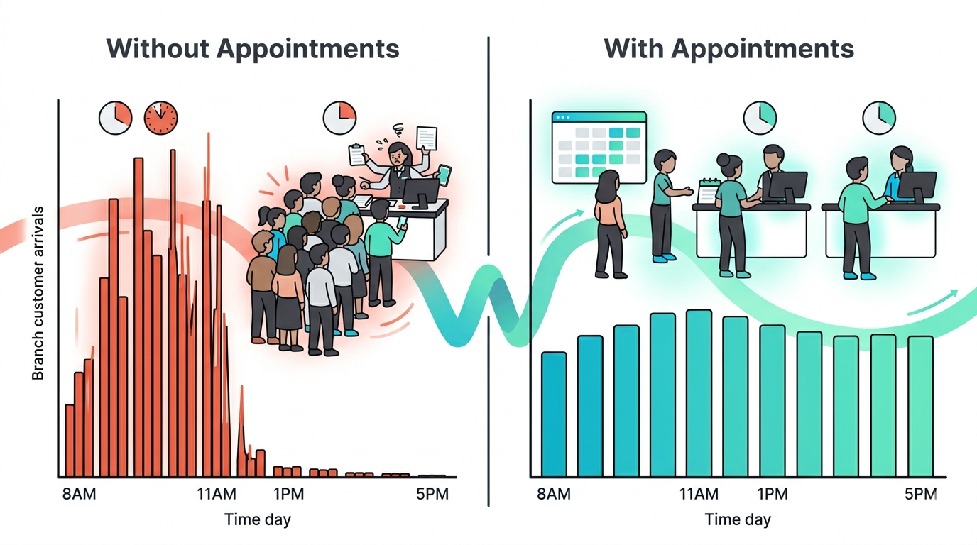 Side-by-side bar chart comparison showing customer arrivals without appointments clustered in the morning versus evenly distributed arrivals with appointment scheduling