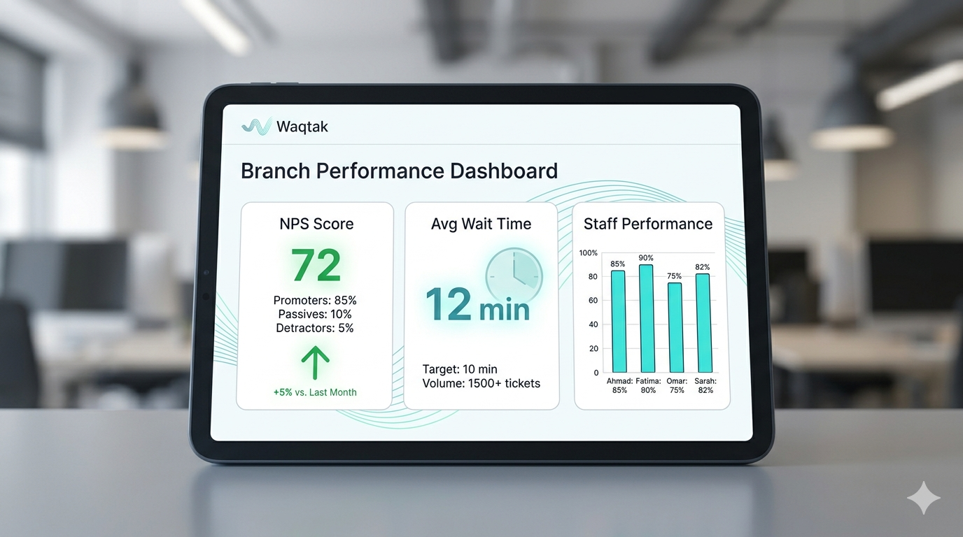 Operations manager's dashboard showing three KPI cards: NPS score, average wait time of 12 minutes, and staff performance bar chart