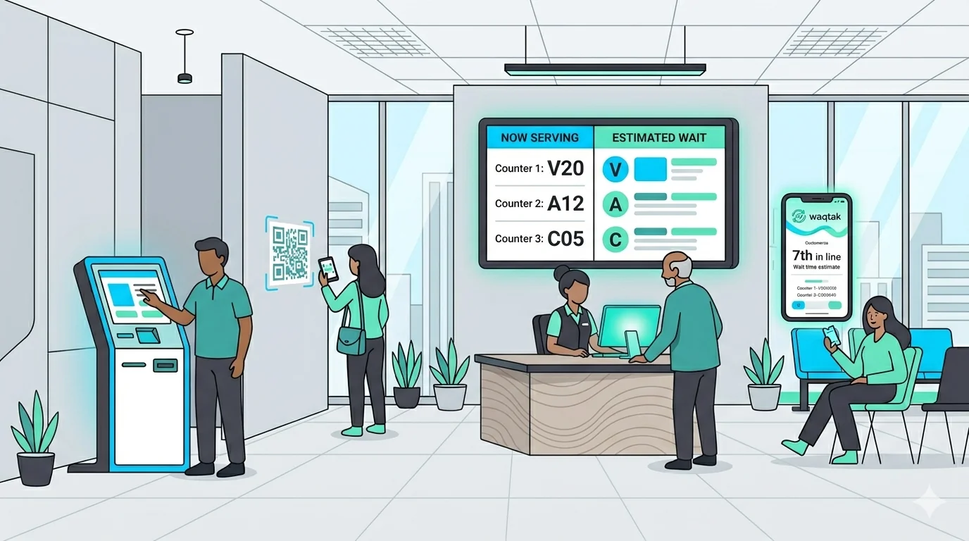 Multi-channel queue management system at a service center with customers checking in via kiosk, QR code, receptionist, and mobile app