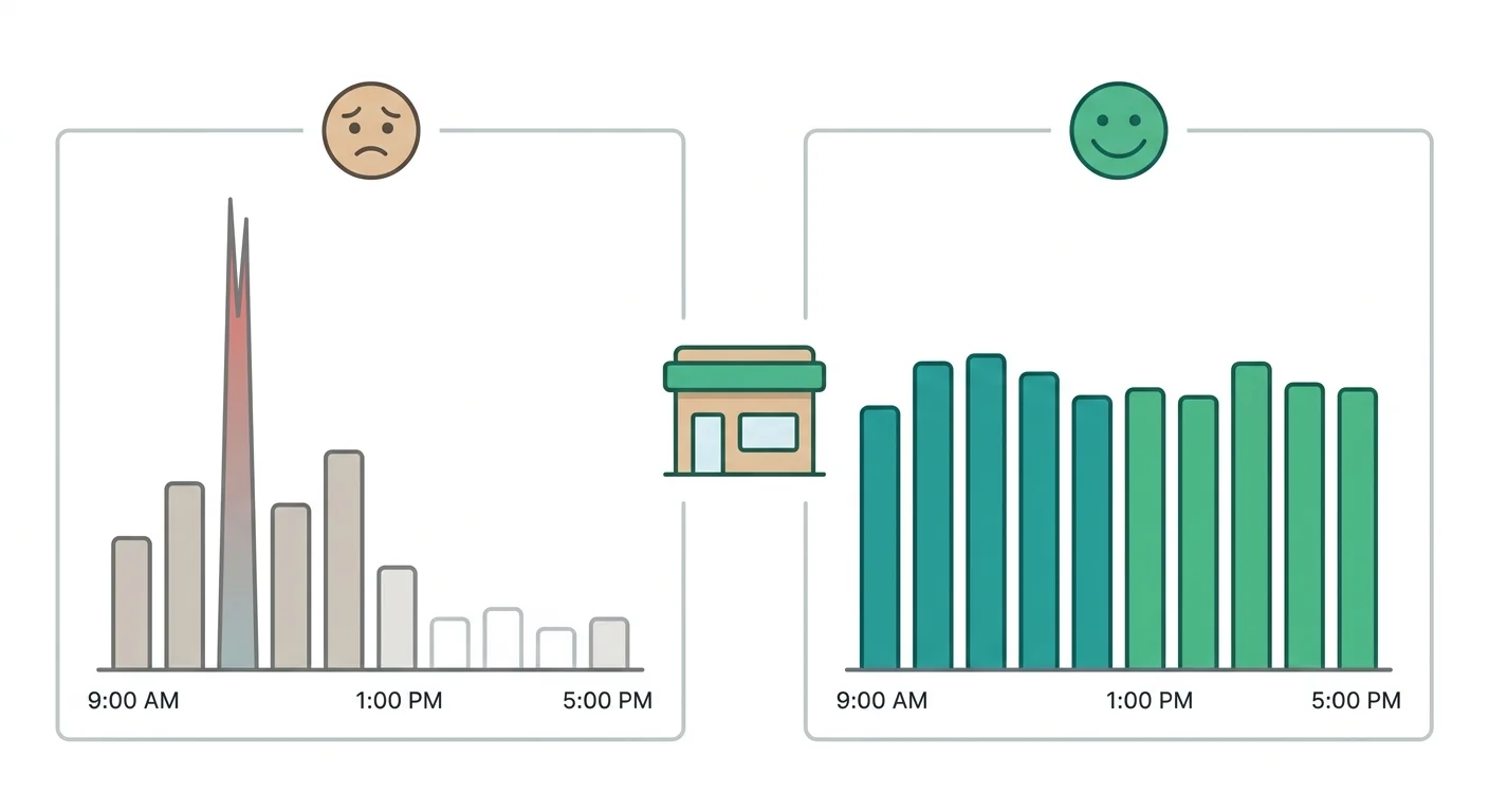 Comparison chart showing uneven demand spike without appointments versus even capacity utilization with appointments