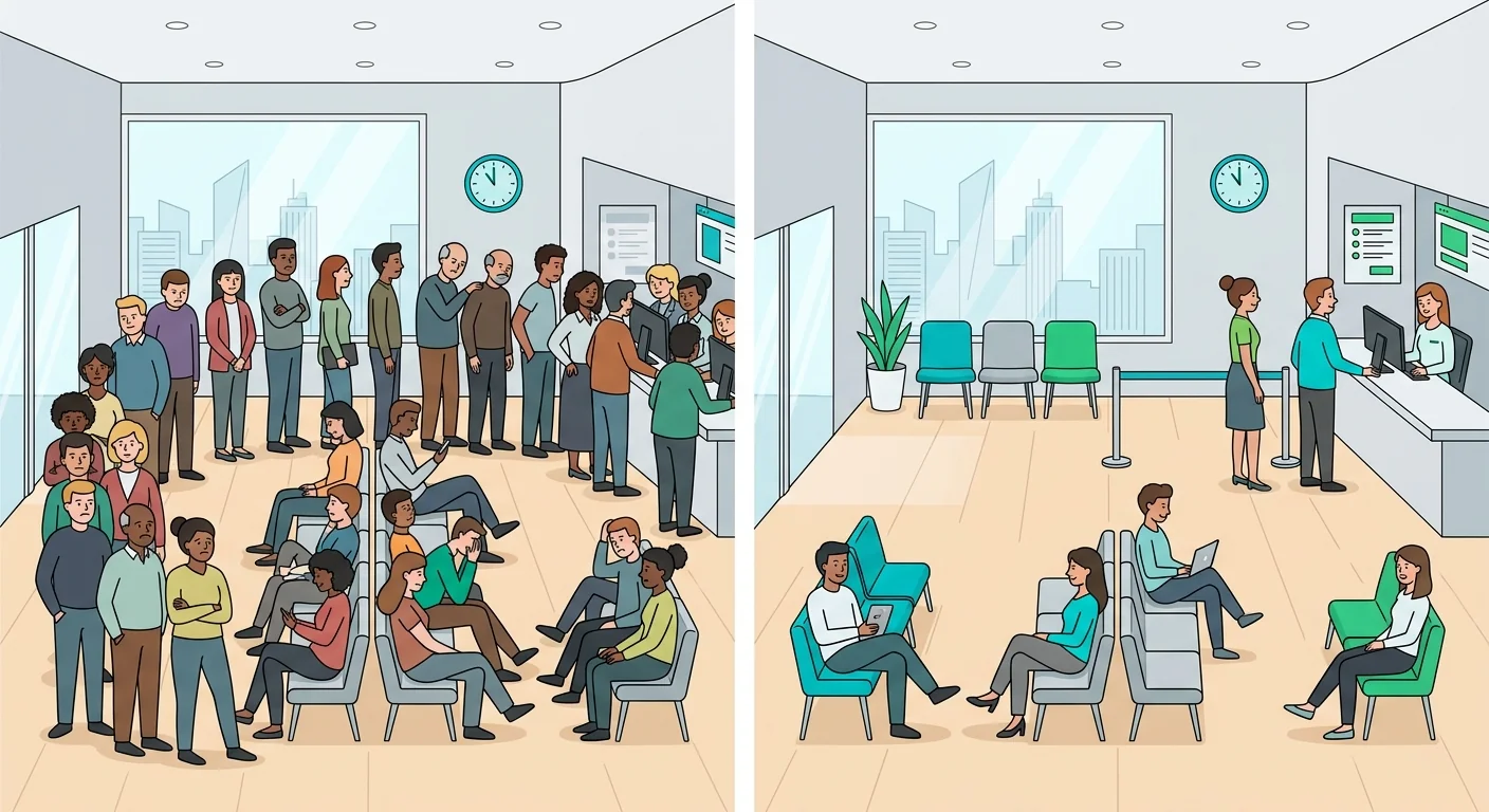 Two waiting room scenes comparing crowded conditions without appointments versus calm conditions with appointments