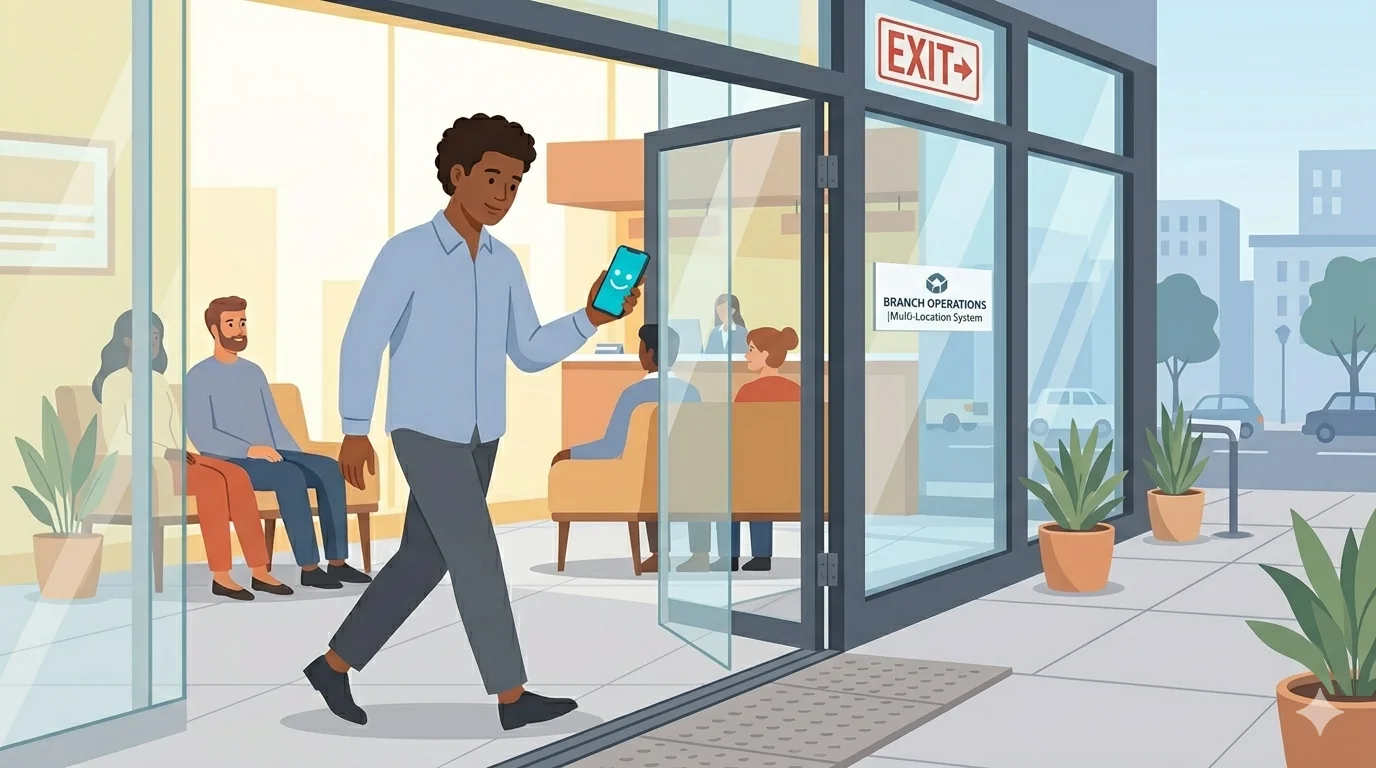 Customer giving feedback on their phone while leaving the branch