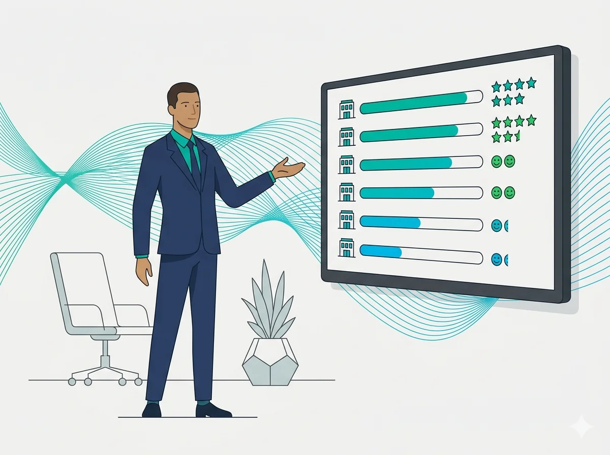 Regional manager reviewing branch satisfaction scores ranked on a performance dashboard