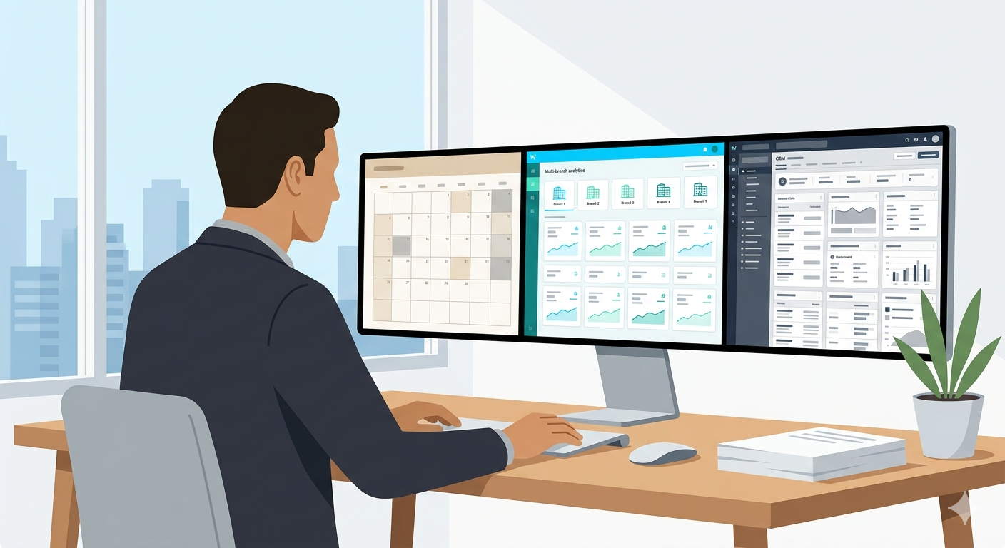 Manager evaluating three types of appointment scheduling systems on screen