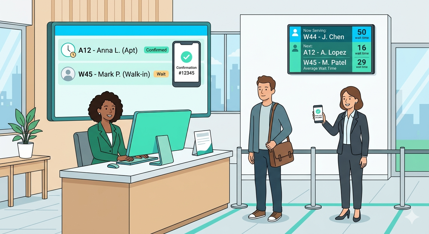 Branch staff managing walk-in and appointment customers in a single unified queue