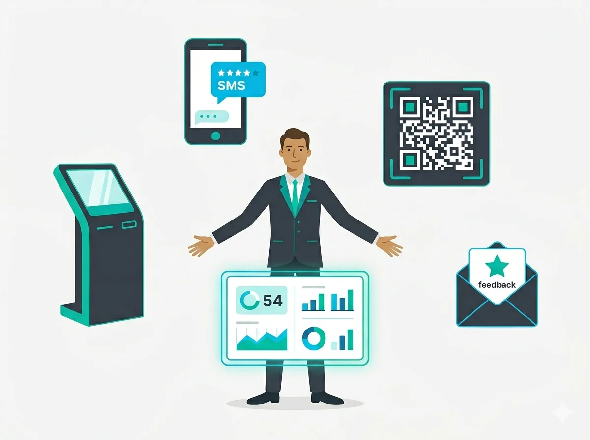Branch manager at the center of multiple feedback collection channels flowing into a single dashboard