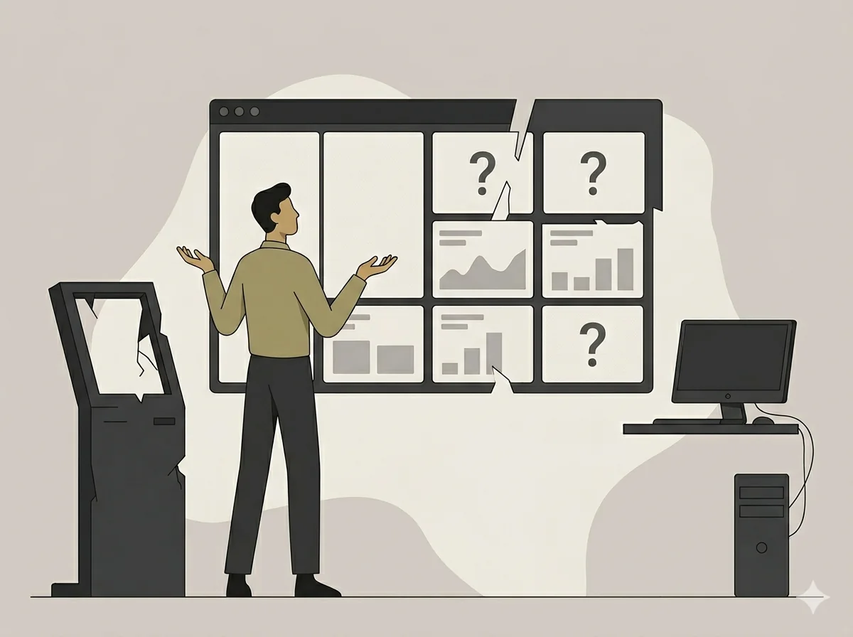 Branch manager looking at a fragmented, incomplete dashboard with missing data panels