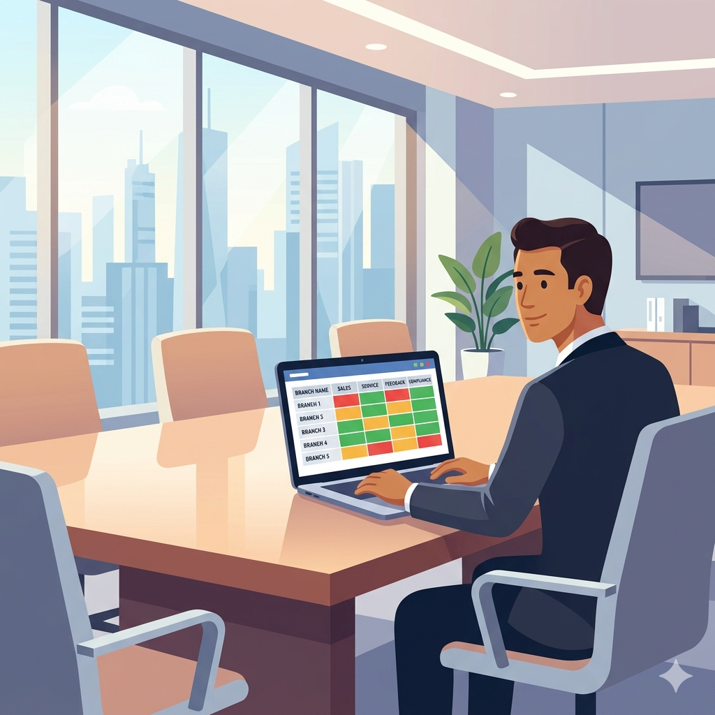 Regional manager reviewing color-coded branch performance comparison report on laptop