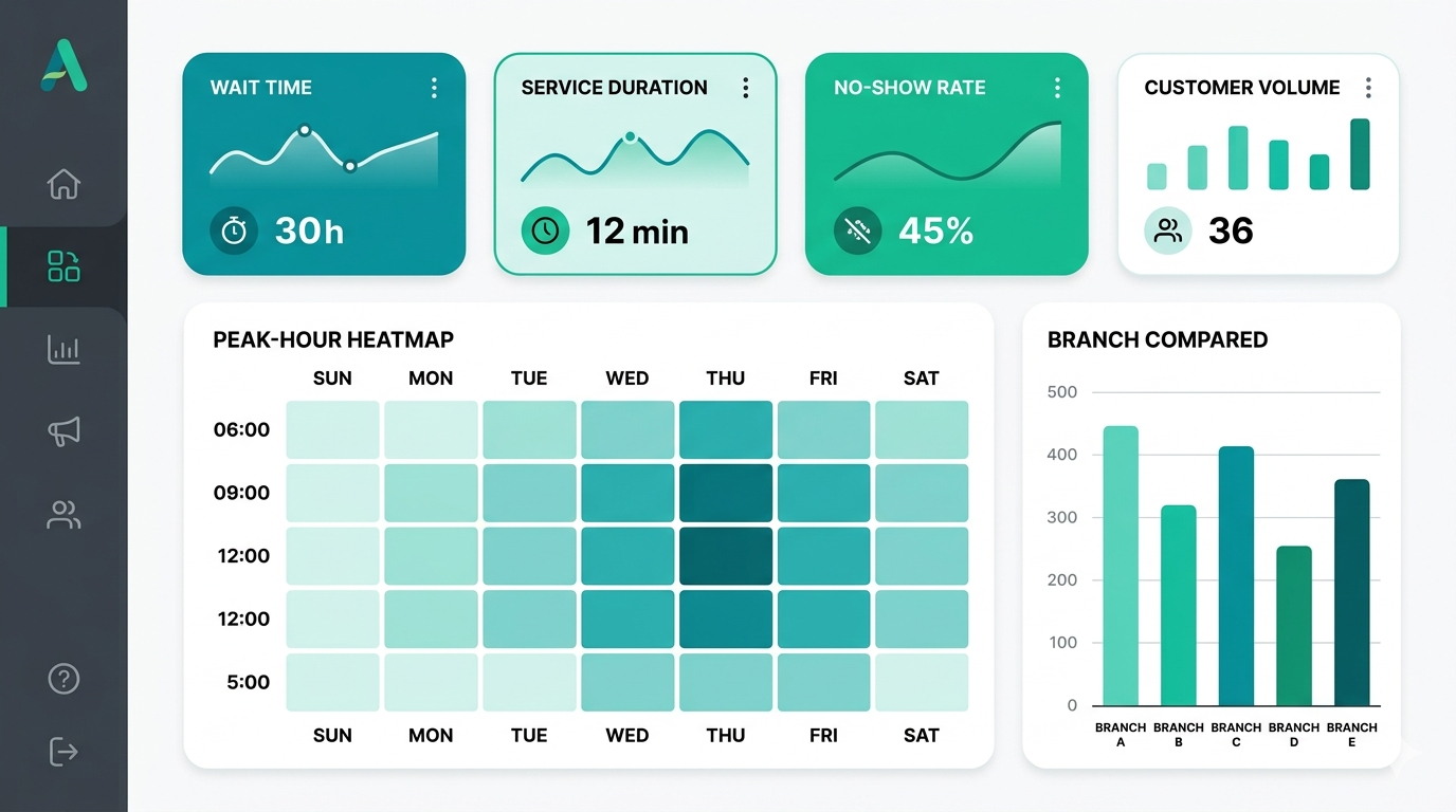 Branch analytics dashboard showing KPI cards, peak-hour heatmap, and branch comparison chart