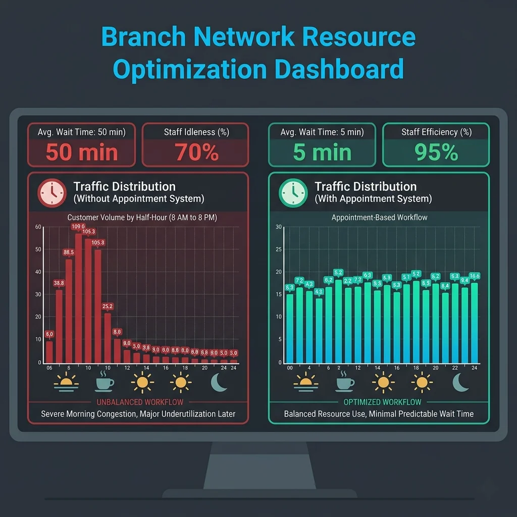 Chart comparing uneven demand spike without appointments versus even demand distribution with appointments