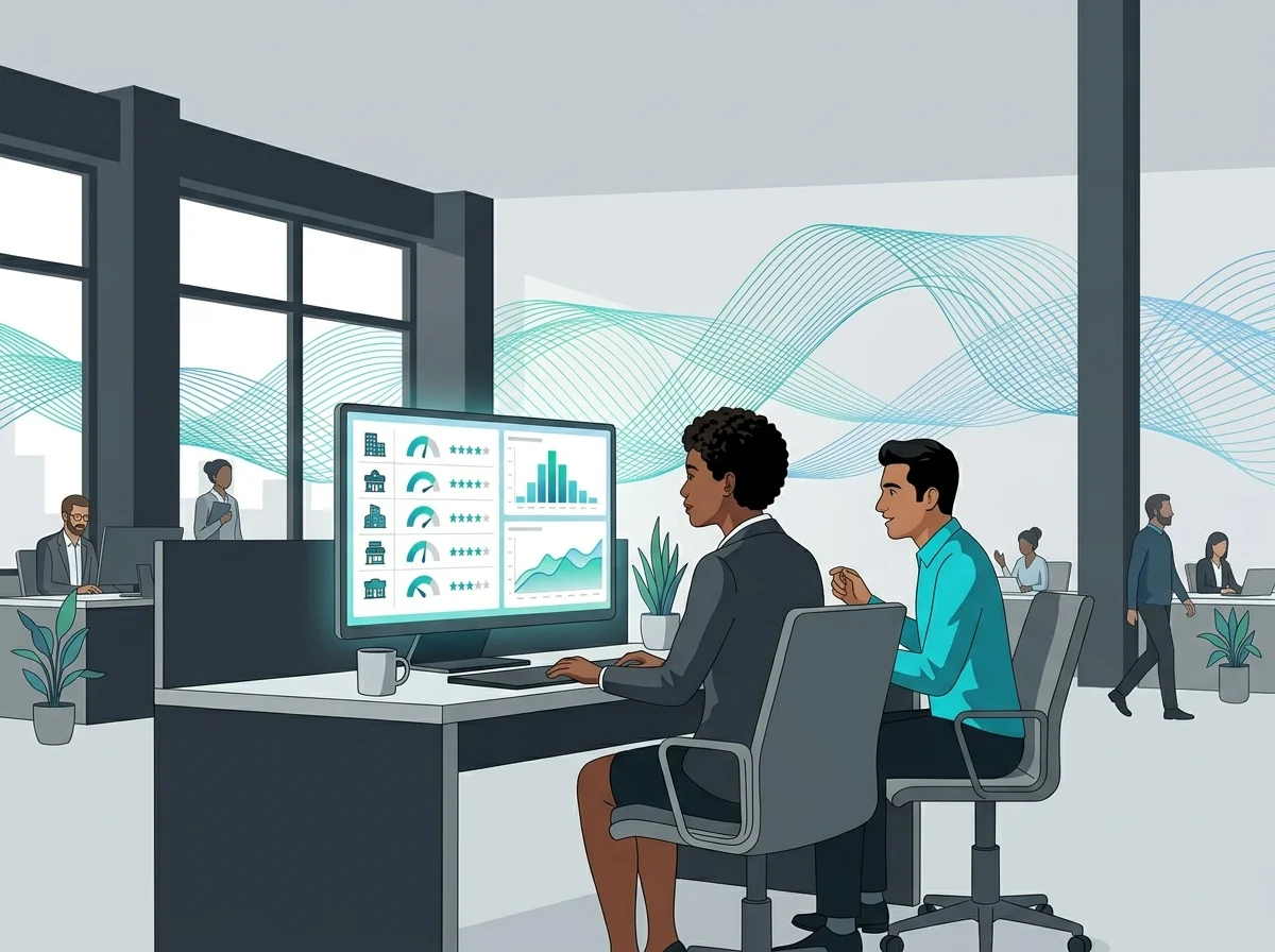 Operations manager reviewing customer feedback dashboard across branches