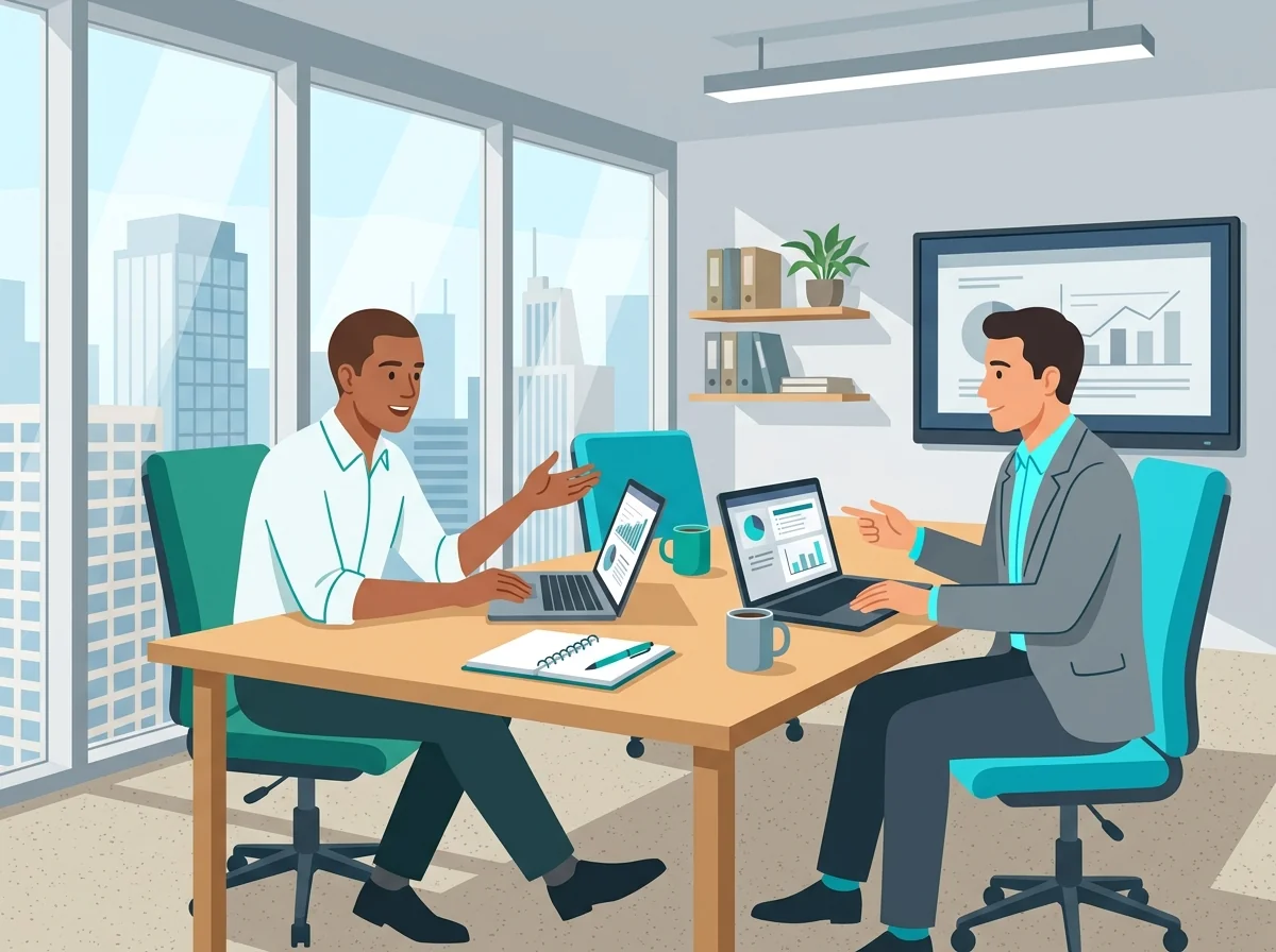 Branch manager reviewing queue management vendor demo with evaluation questions